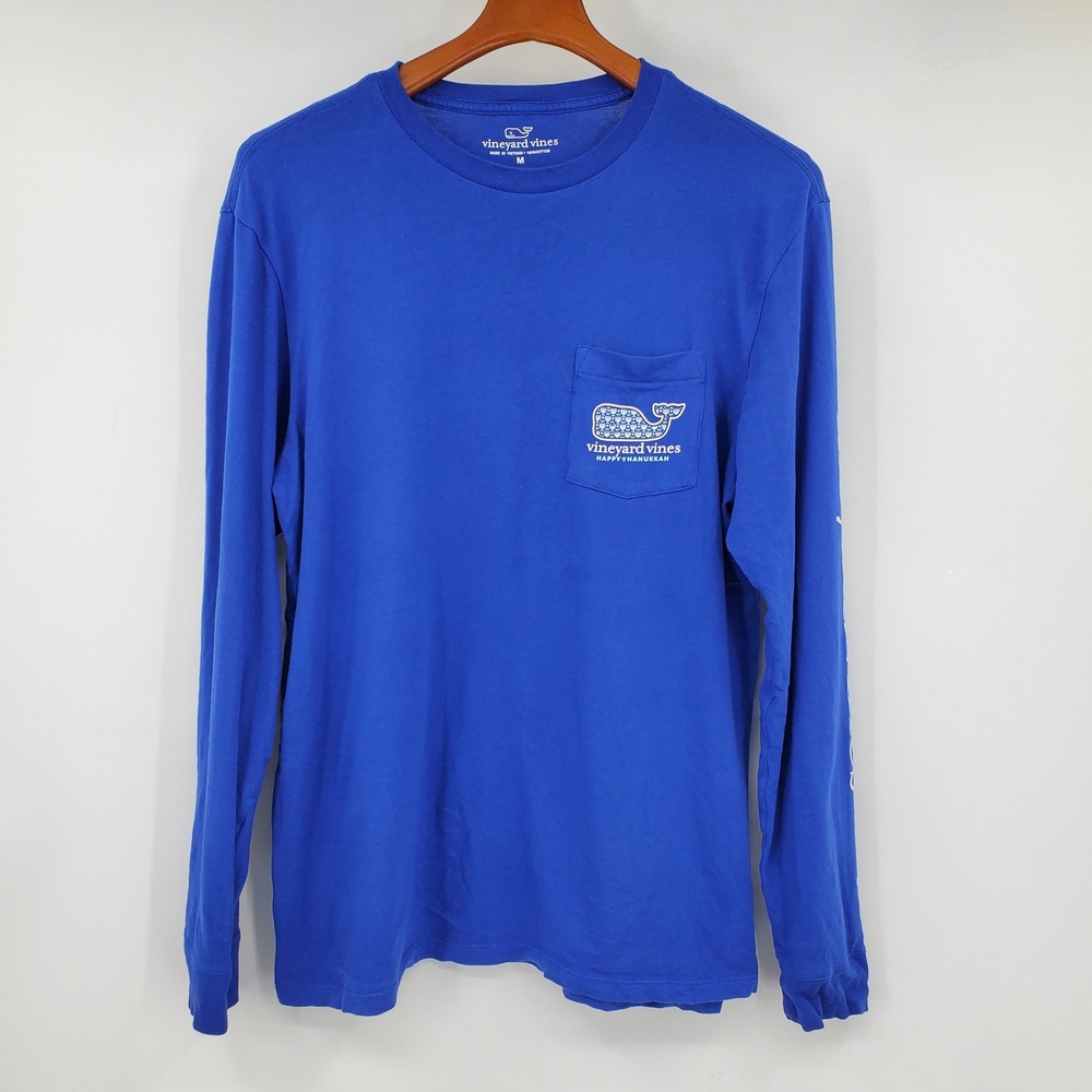 Vineyard Vines Mens Blue Happy Hanukkah Whale Long Sleeve Pocket Tee Shirt M